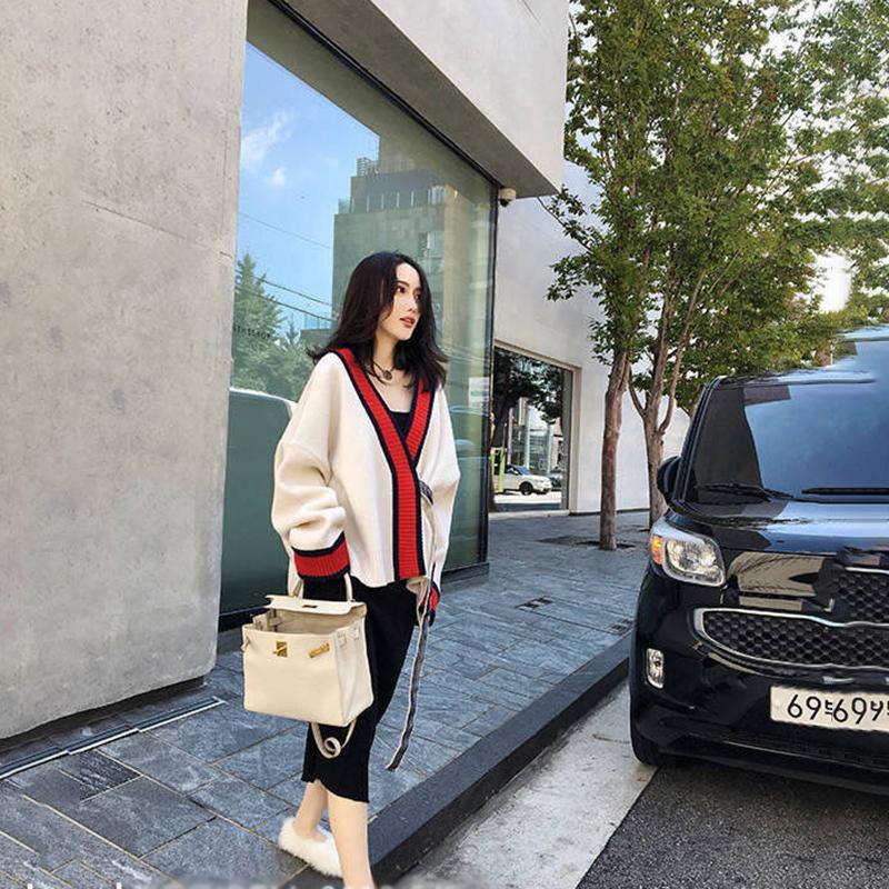 Women's Autumn Lazy Style Sweater Cardigan Loose Long-sleeved V-neck Sweater Stitching Color Sweater Coat Loose and Comfortable