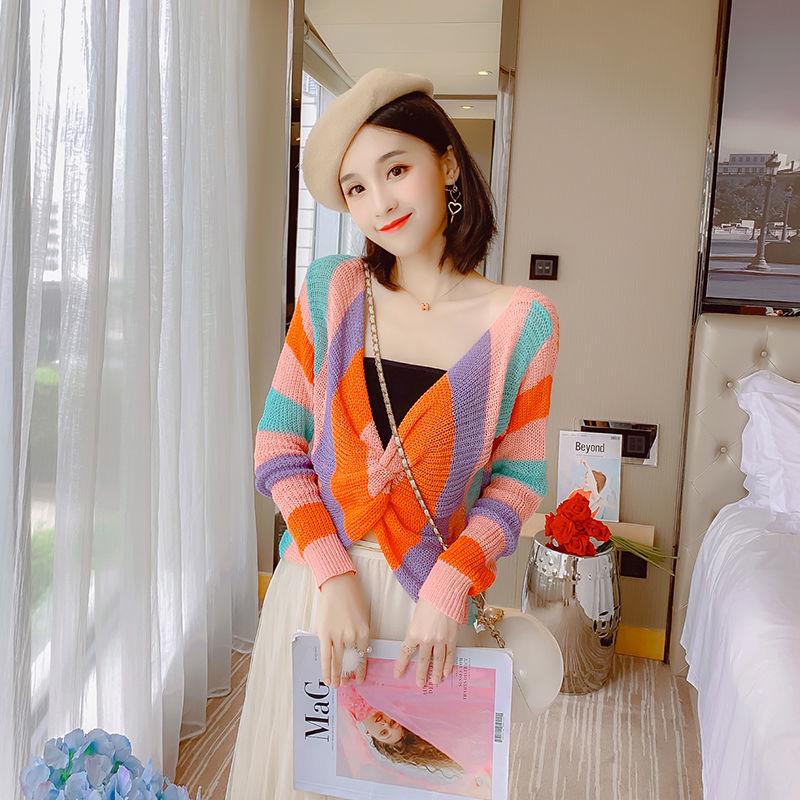 Western Style Spring and Autumn Clothes V-neck Cross-navel Short Loose Knit Sweater Rainbow Long-sleeved Sweater