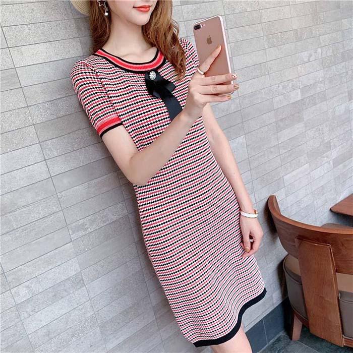 Pofulove Women Bow-knit A-line Dress Short-sleeved O-neck Mid-length Evening Dress Casual Dresses