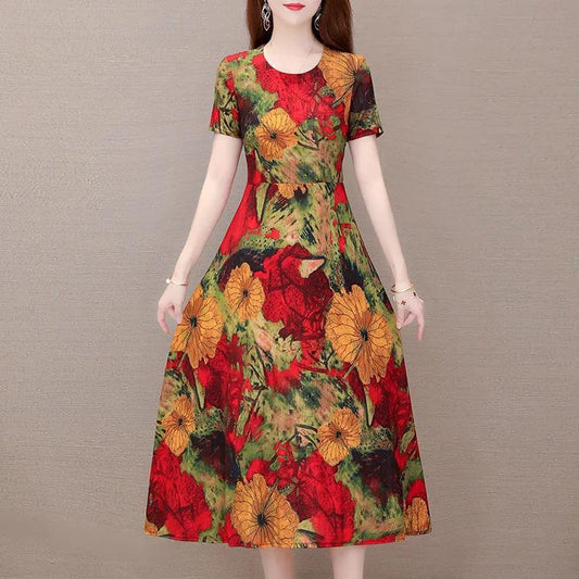 Women's Plus Size Loose Long Dress Slim Round Neck Skirt