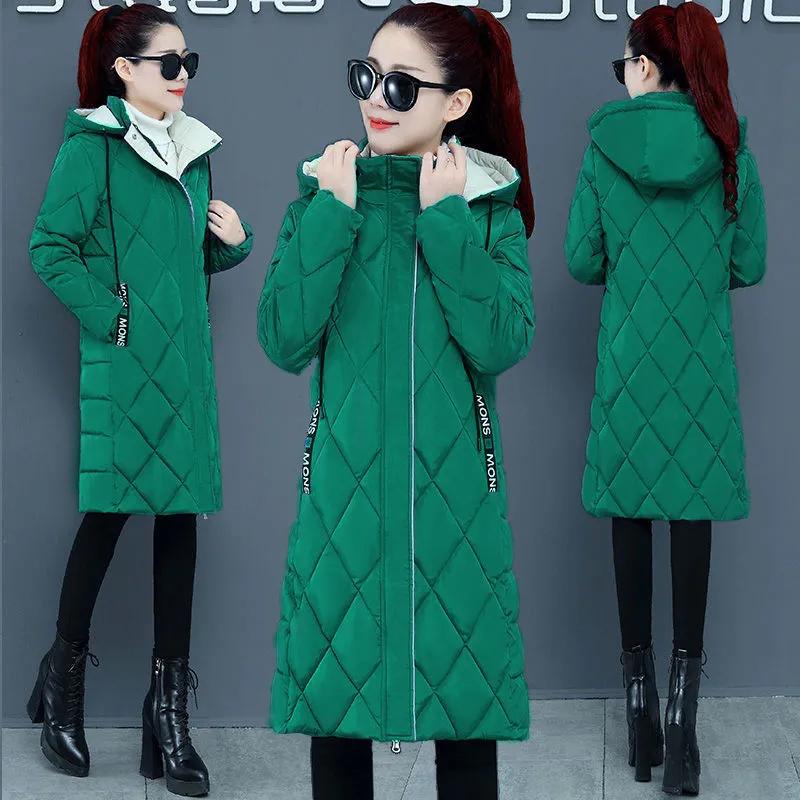 Loose Argyle Hooded Parkas Women Fashion Solid Thick Long Coats Women Elegant Cotton Jackets Female Ladies Winter Jacket