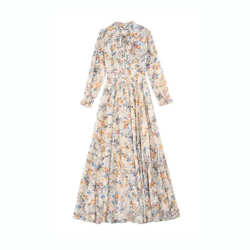 Jacquard V-neck Long-sleeved Dress Spring and Autumn Style Temperament Waist Slimming Slim Bow Long Dress Women's Fabric Light and Breathable