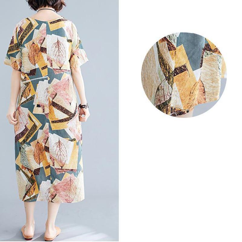 Women's Summer Dress Literary Retro Large Size Printing Round Neck Pocket Loose and Thin Cover Belly