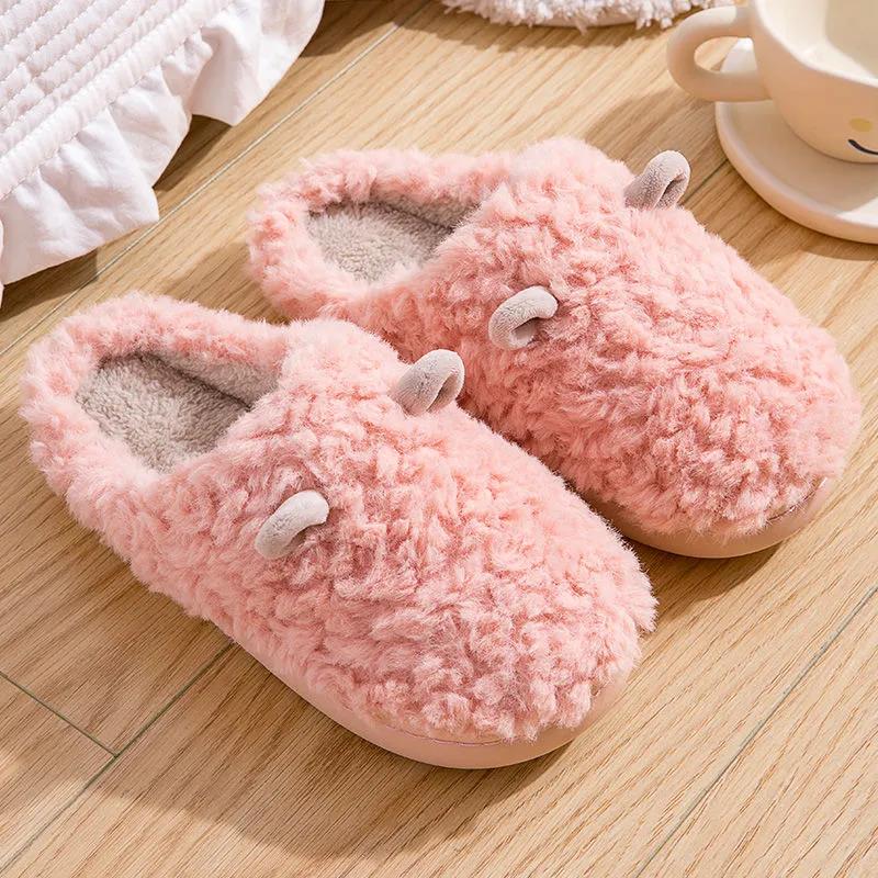 Women's House Slippers Slip-On Anti-Skid Rubbit Indoor Casual Shoes Snow Slippers Warm Thick Insole Floor Flat Shoes Winter Cartoon Footwear