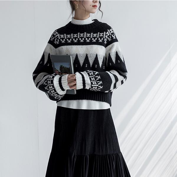 Vintage  Printed Sweater Women Bottoming Sweater Loose Casual Knit Pullover Sweater Autumn Winter