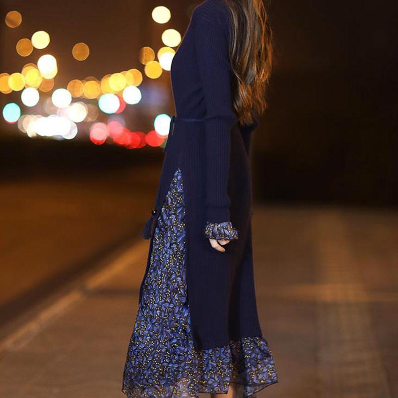 Plus Velvet  Thick Sweater Dress Women Autumn and Winter Slim Long Dress Floral Stitching Knitted Sweater Dress