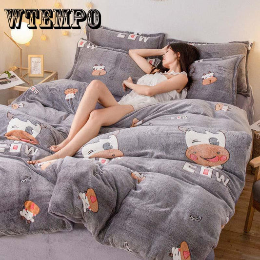Crystal Flannel Bedding Set Winter Warm Fleece Duvet Cover Set Bed Sheet Queen King Size