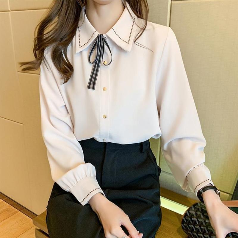 Chiffon Shirt Solid Color Bow Tie Lapel Shirt Ladies Versatile Long Sleeve Bottoming Shirt Commuter