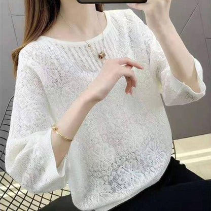 Spring and Summer Women's Round Neck Fashion Loose Knitted Bottoming Shirt Top Thin Hollow Short-sleeved T-shirt