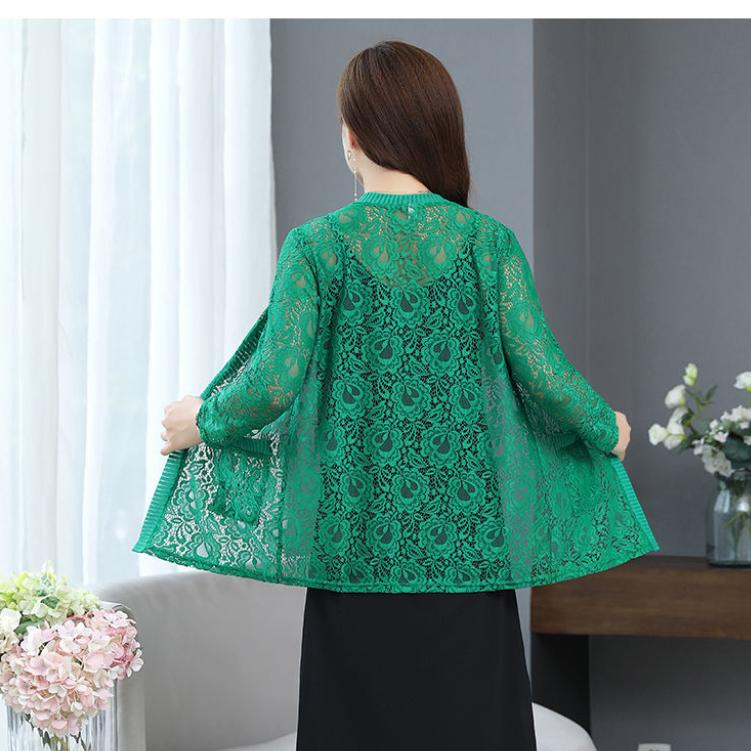Summer Season Large Size Women's Clothing Mid-length Lace Cardigan Thin Coat Outside Long Sleeve Sun Protection Clothing