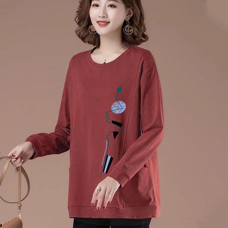 Spring Women Blouses Long Sleeve Print Element TShirts Casual Round Neck Ladies Tops Pullover