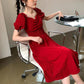Women's Summer Puff Sleeve Dress Solid Color Chiffon Slim V-neck Long Skirt