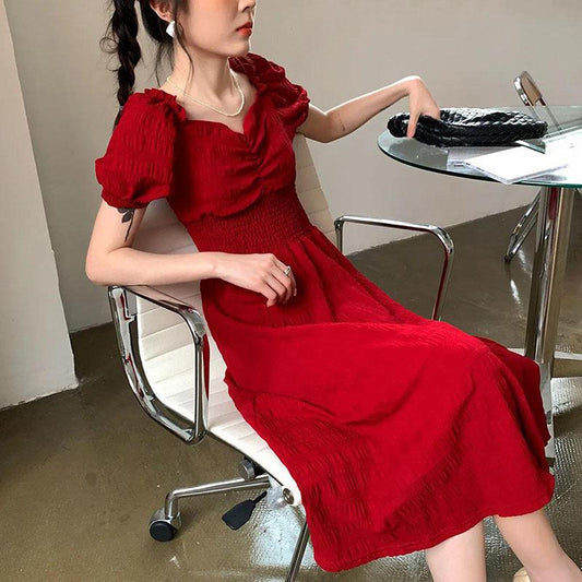 Women's Summer Puff Sleeve Dress Solid Color Chiffon Slim V-neck Long Skirt
