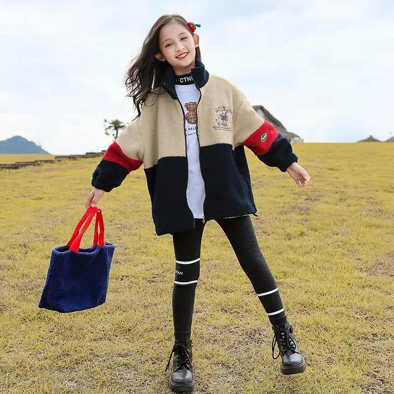 Girls' Warm and Windproof Winter Clothes Plus Cotton Padded Jacket Lamb Wool Korean Children's Top