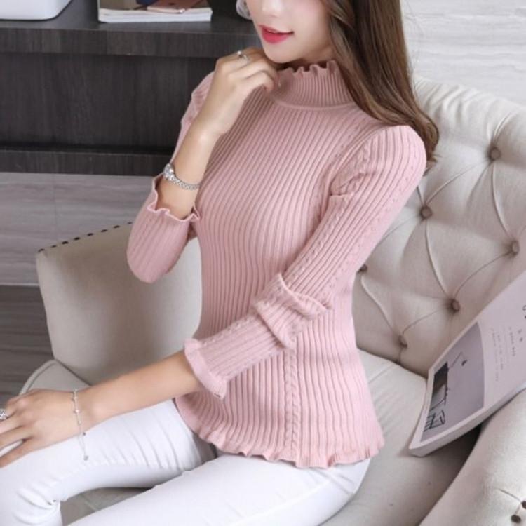 Sweater Women's Half Turtleneck Ruffled Pullover Slim-fit Knitwear Korean Solid Color Top Trending Sweater Autumn and Winter