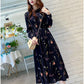 Women's Spring and Autumn Floral Dress Long Sleeve A-Line Stand Collar Mid-length Skirt Shirt Sleeve