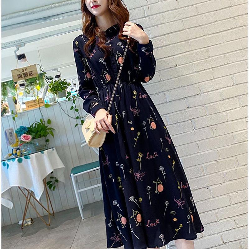 Women's Spring and Autumn Floral Dress Long Sleeve A-Line Stand Collar Mid-length Skirt Shirt Sleeve