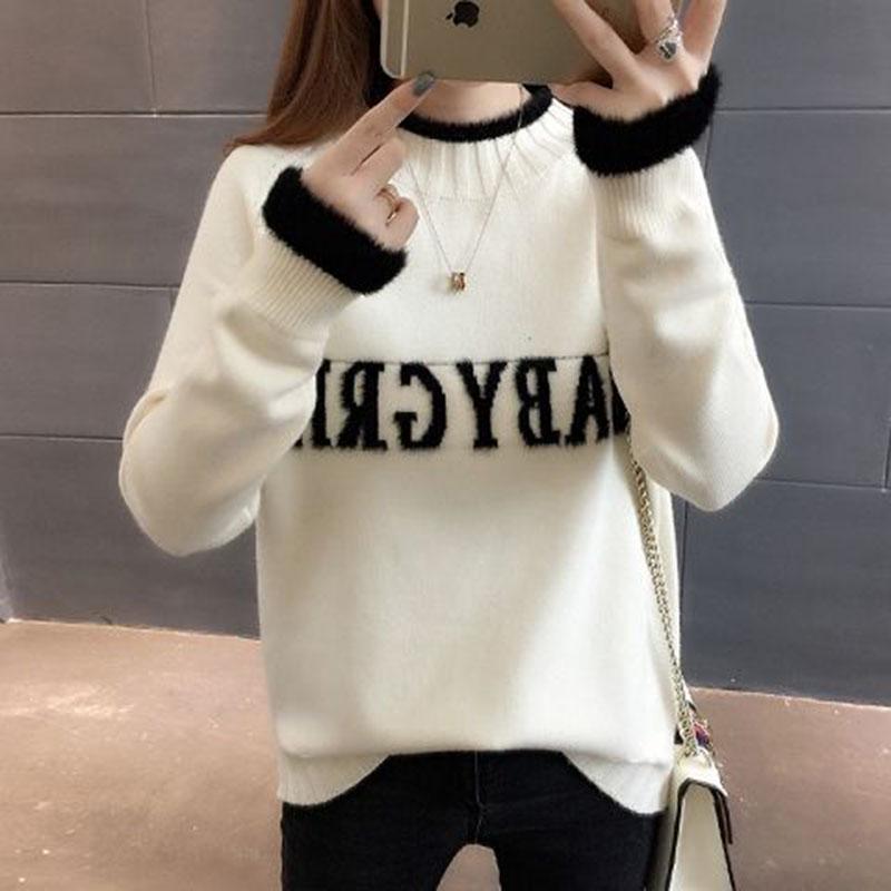 Pofulove women's Embroidered sweater fine-knit pullover sweater mock turtleneck fluffy plush cuffs