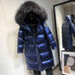Winter Down Jacket Women Mid-length Over The Knee Blue Shiny Large Fur Collar Thick