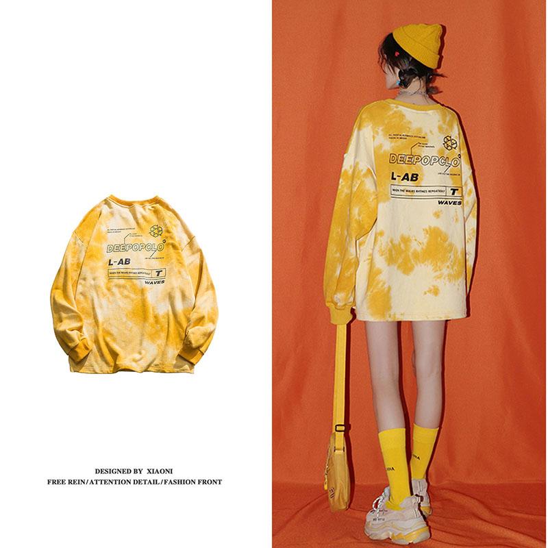 Spring  Autumn Thin Casual Long-sleeved Letter Printing Pullover Sweatshirt Tops Ladies O- Neck Tie-dye Hoodies