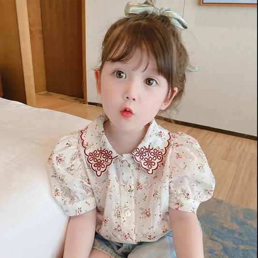 Children's Top Summer Thin Girl's Retro Style Shirt Floral Embroidery Bubble Sleeve Pleated Shirt