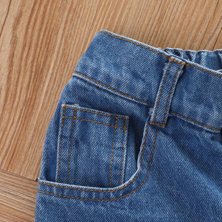 Summer Girls' Hole Shorts One Shoulder Top Denim Shorts Set Three Piece Children's Denim Sequins Shorts Suit