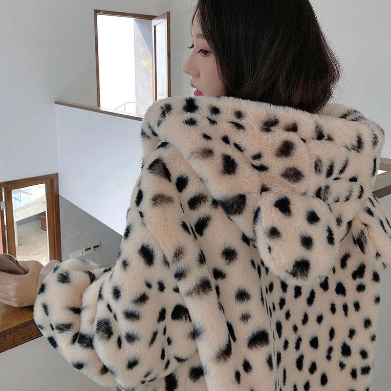 Leopard Print Fur Coat Female Imitation Lamb Hair Short Plush Bear Ears Winter Cute Fur Coat Loose Hood