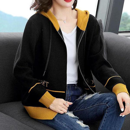 Women's Autumn Knitted Cardigan Coats Female Spring Versatile Long Sleeved Zipper Tops Large Size Solid Color Hooded Sweater
