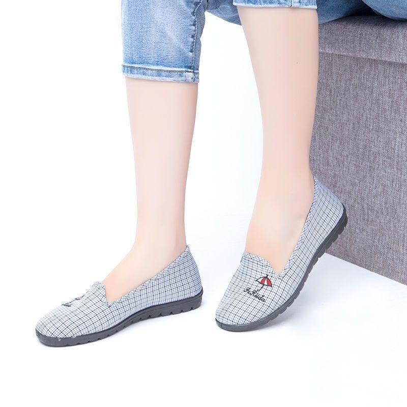 Middle-aged and Elderly Canvas Plaid Single Shoes Flat Shallow Mouth Cloth Shoes Breathable Comfortable Women's Shoes