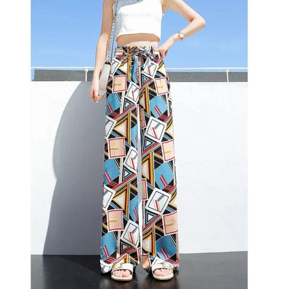 Geometric Print Chiffon Pants Spring and Summer Women's Wide Leg Trousers Vertical High-waisted Pants Women's Loose Mopping Pants