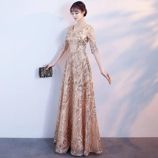 Banquet Evening Dress Noble Gold Sequins Dinner Host Dress Female Annual Chairman Section Was Thin