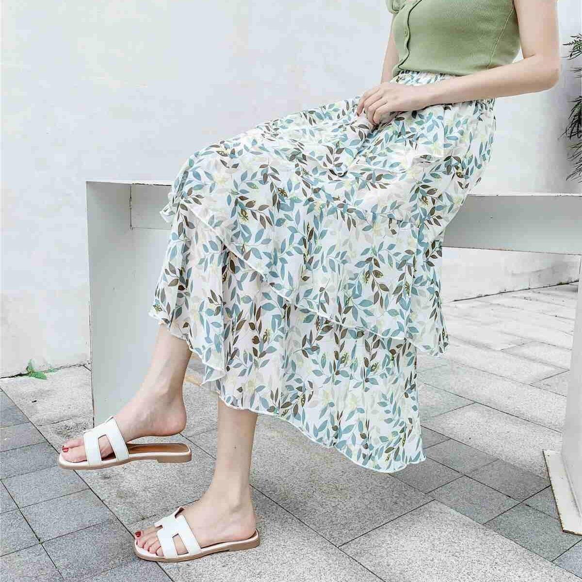 Vintage Floral Print Ruffle Pleated Long Skirts Summer Women Streetwear Elastic Waist Midi Skirt