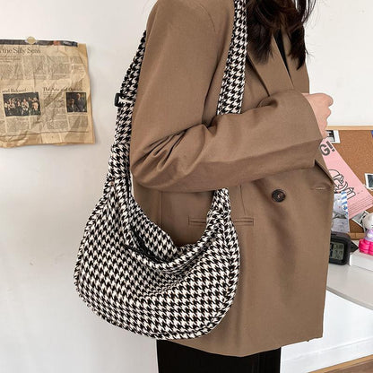 Women Houndstooth Diagonal Bag Canvas Travel Casual Large Daily Shoulder Tote Shopper Handbag Simple