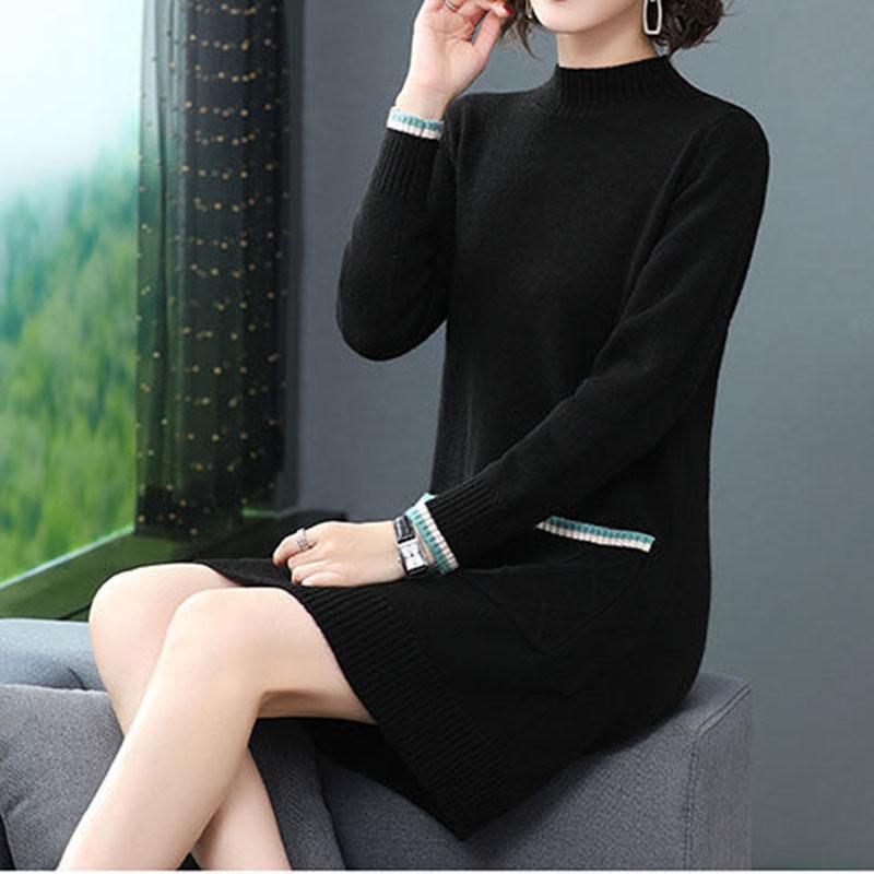 Autumn Winter High Quality pullover Sweater Dress Women Knit Dress thick Long Sweater Dress with Pockets  Outer Wear