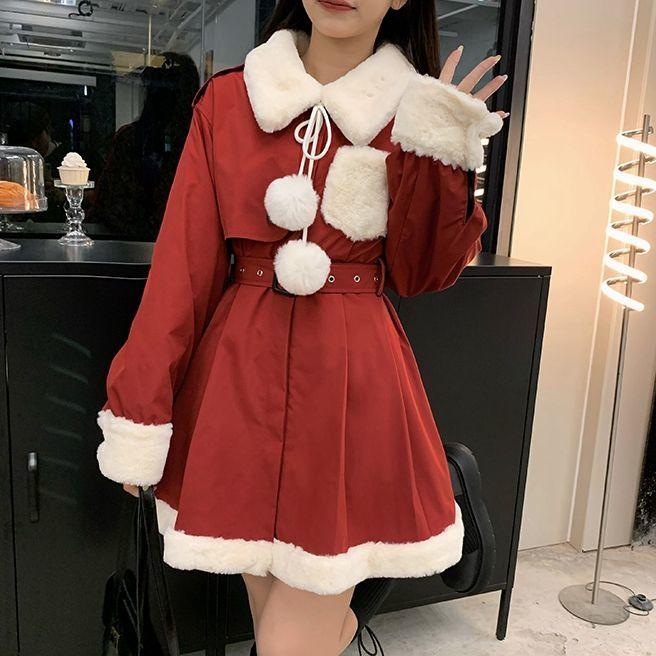 Winter Sweet and Cool Girl Thick Warm Fur Collar Stitching Prague British Girl Plus Cotton Windbreaker Dress