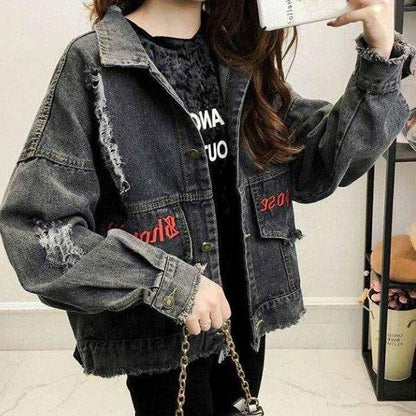 Women's Embroidered Denim Jacket with Holes Black Denim Jacket Female Loose Hip-hop Style Denim Coat outwear