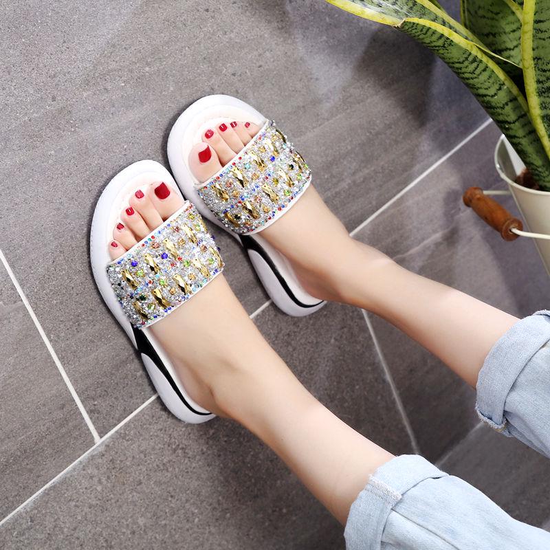 Sandals slippers female summer wear fashion thick bottom wild net red with rhinestone flat bottom