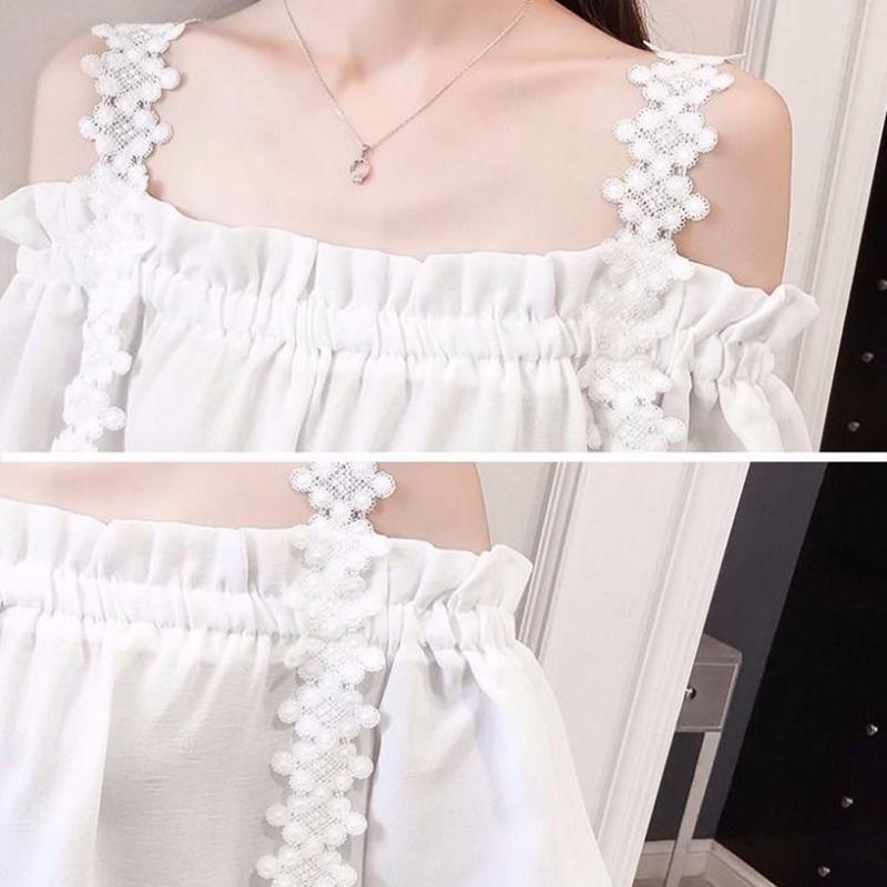 Women's Suspenders Short-sleeved White Blouse Small Shirt One-line Collar Off-the-shoulder Chiffon Shirt Bottoming Shirt Ladies Sweet Style Shirt