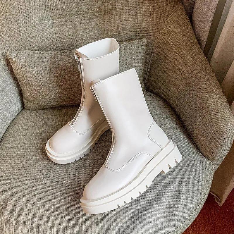 Martin Boots Women's British Style Spring and Autumn Retro Short Single Boots Thick Soles Long Legs Zipper Boots