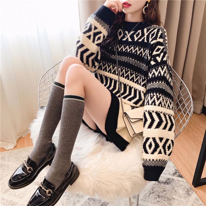 Vintage  Printed Mid-length Thick Sweater Women Loose Casual Knit Sweater Round Neck Pullover Fair Isle Jacquard Sweater