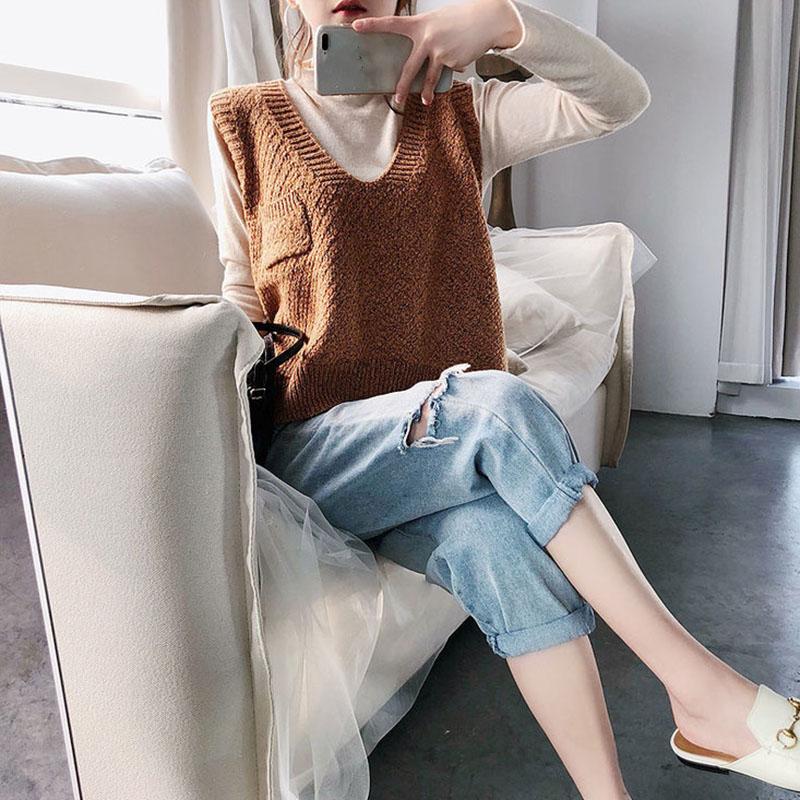 Spring and Autumn Sleeveless Waistcoat V-neck Knitted Vest Sweater Fashion Solid Color Women's Vest