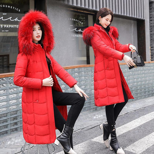 Winter Ladies Down Padded Jacket Mid-length Fur Collar Hooded Down Padded Jacket Slim Hooded Padded Warm Parka Coat