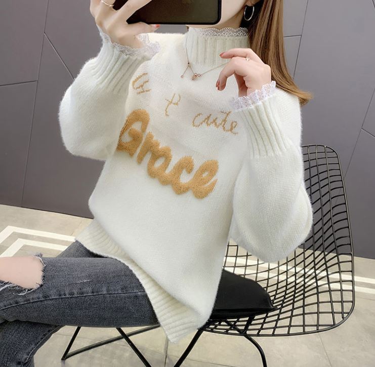 Chenille Lace Pullover Sweater Ladies Large Size Loose Half Turtleneck Sweater Solid Color Bottoming Knit Sweater