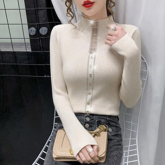 Half Turtleneck Bottoming Shirt Hollow Stick Drill Long Sleeve Knit Slim Fit Warm Plus Size Women's Sweater