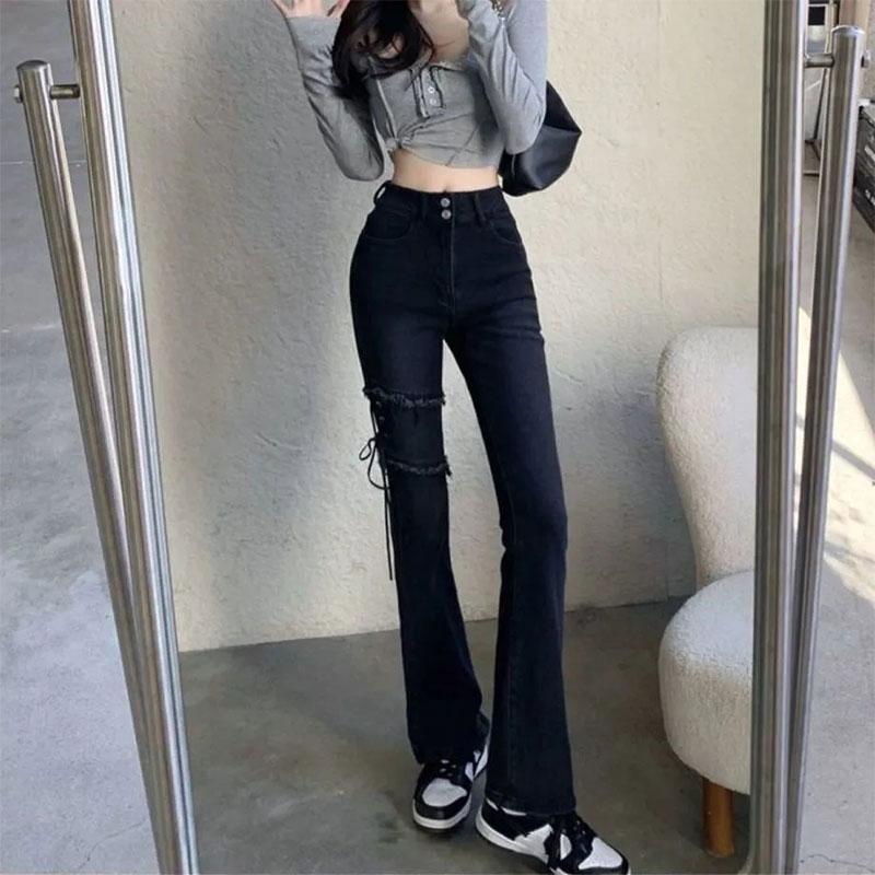 Spring Girl Street Straight Denim Flared Pants Thin Stretch Wide Leg Pants Ladies Black Trousers Boot Cut Pant