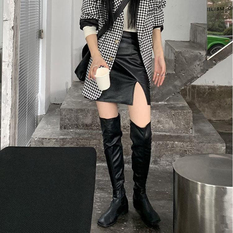 Women Sexy Tight Black Leather Skirt A-lineShort Skirt  Split Fork Zipper Club Casual Home Office