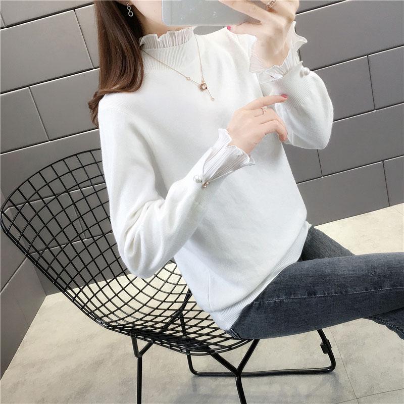 Plus Velvet Thick Warm Sweater Women  Ruffles Lace Stitching Collar Pullover Sweater Short Stretchable Slim Knitwear Jumper