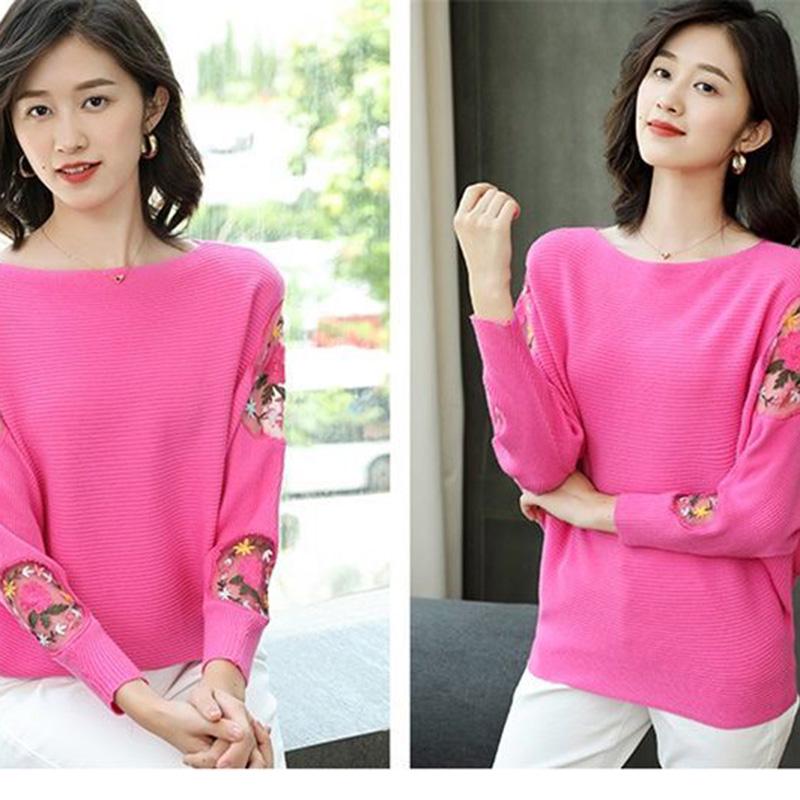 Round Neck Women's Shirt Loose Lace Hollow Knit Sweater Long Sleeves One-shoulder Short Bottoming Shirt