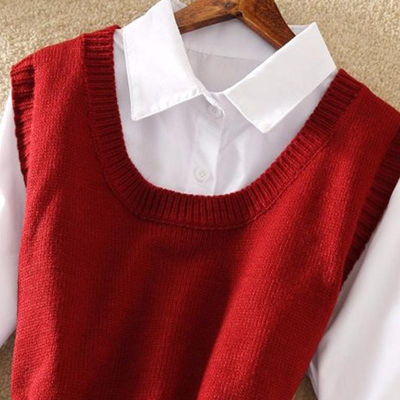 Shirt Collar Mesh Stitching Dress Suit Female Spring and Autumn Bottoming Skirt Knitted Vest Two-piece Suit