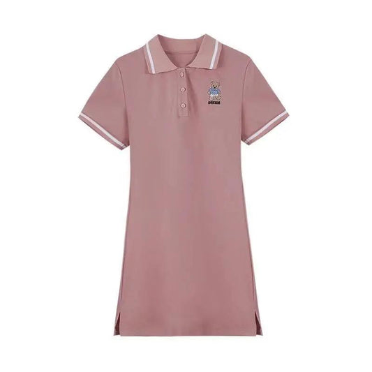 Pure Color Short-sleeved Bear Dress Female Spring and Summer Girl Polo Collar Waist Slim Short Dress
